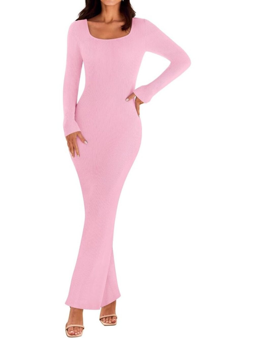Chic Women's Fall Long Sleeve Bodycon Maxi Sweater Dress - Ribbed Knit Style